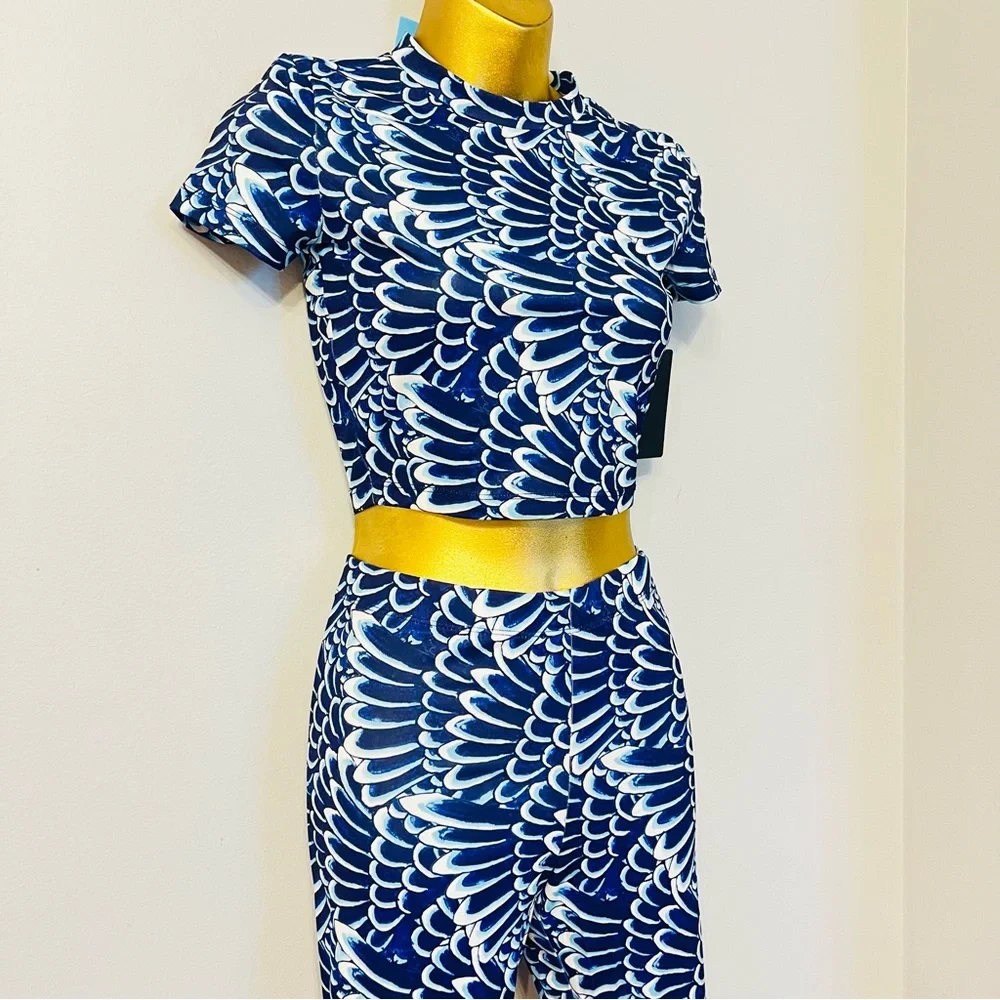 Ed Hardy Y2K Blue Print Two Piece Set Crop Top Pants Matching Co Ord